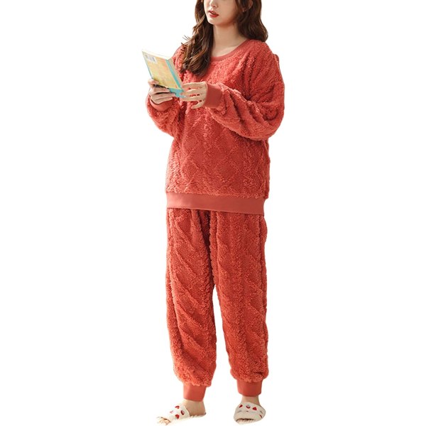 HAUFR Dam Fluffy Fleece Pyjamas Set 2 delar Varm Fleece Pyjamas Set Mjuka nattkläder Långärmade Crewneck fickor Byxor Y Orange Red Large