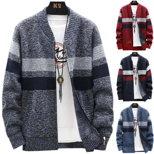 Herre sweater frakke stribet strik cardigan Casual jumper overtøj Light Grey 3XL