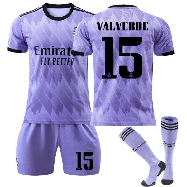 Real Madrid 2022/23 bortatröja Valverde No.15 Fotbollströja 3-delade kit för barn Vuxna V7 XL(180-190CM)