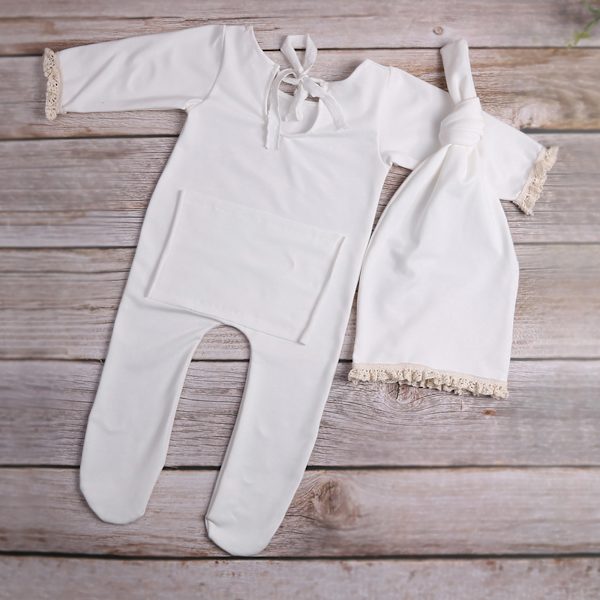 Nyfödd fotografering rekvisita 2 st Baby foto fotografering rekvisita med turban knut hatt Jumpsuits Stickade tyg kläder för pojke flicka -