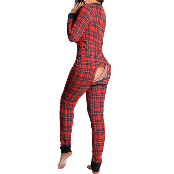 Kvinnor Animal Pyjamas One Piece Christmas Bodysuit Jumpsuit ångärmad nattkläder W Stitching Plaid L