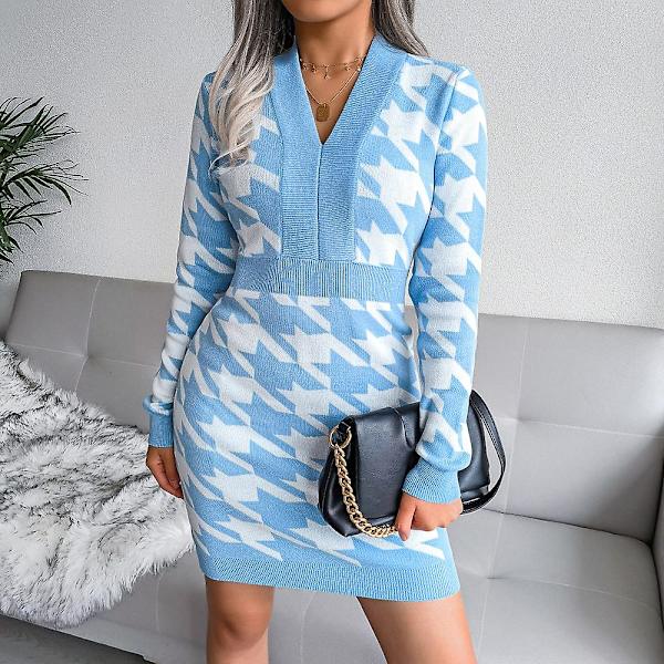 Houndstooth Print Trøje Kjole V-hals Langærmet Strikket Bodycon Kjole Til Dame Light Blue M
