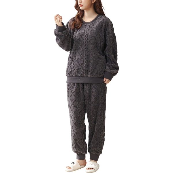HAUFR Dame Fluffy Fleece Pyjamas Set 2 deler Varm Fleece Pyjamas Set Myke nattklær Langærmede Crewneck lommer Bukser Y Black Large