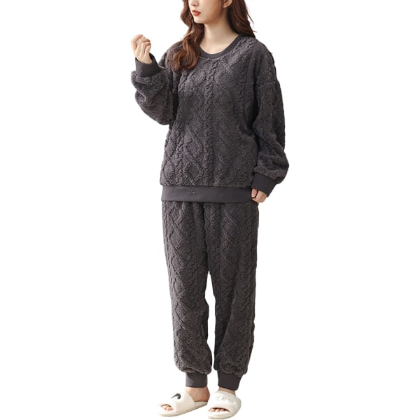HAUFR Naisten Pörröinen Fleece Pyjama-setti 2-osainen Lämmin Fleece-pyjamasetti Pehmeä Yöasu Pitkähihaiset Pyöreäkaula-taskut Housut Y Black X-Small