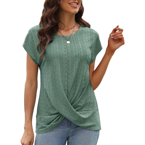 HAUFR Dame Sommertoppe Casual Cap Sleeve Twist Front Øjelet T-shirts . 02-green Large