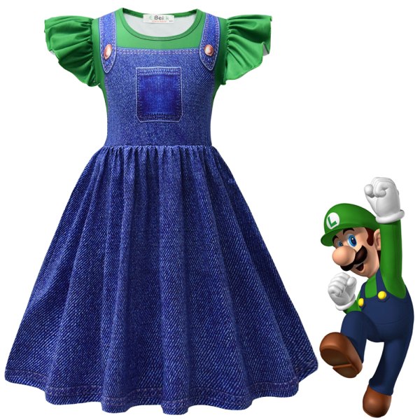 Barn Jenter Princess Peach & Super Bros Kort Kjole Sommer Fancy Cosplay Kostyme Green 5-6 Years