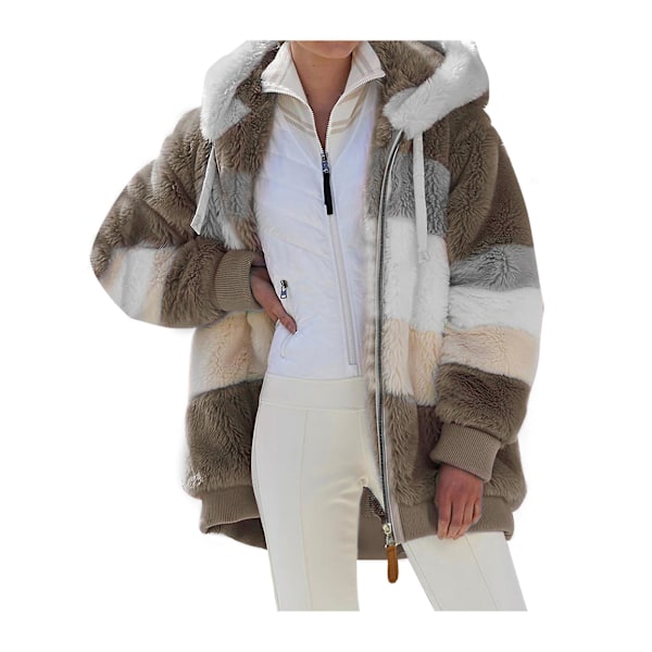 Dame Vinter Plys Hætte Frakke Langærmet Zip Up Tyk Cardigan Varm Løs Jakke W Khaki M