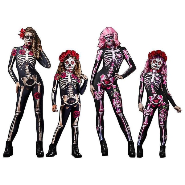 Kvinder Halloween Skelet Ben Ram Jumpsuit Body Cosplay Fest Kostume - Black XL