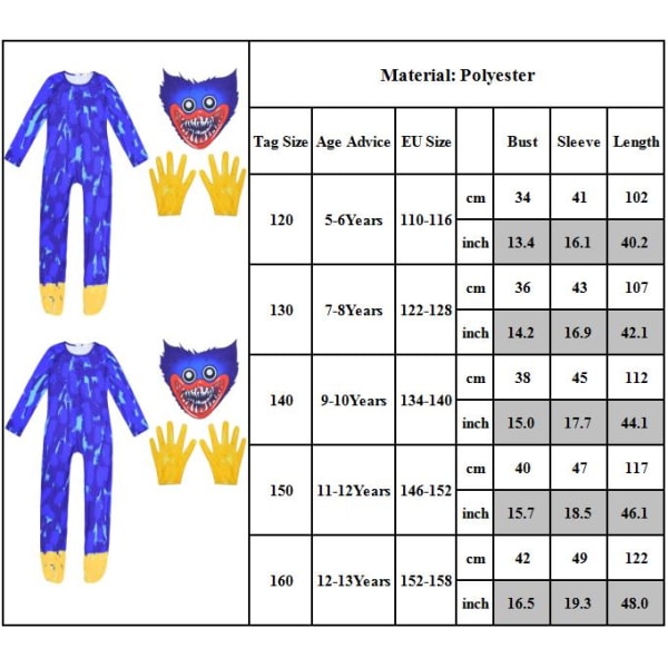 Poppy Playtime Huggy Wuggy Cosplay Kostume Outfit Jumpsuit Presenter - 130Y