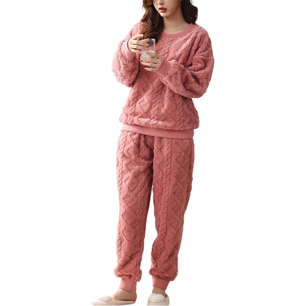 HAUFR Dam Fluffy Fleece Pyjamas Set 2 delar Varm Fleece Pyjamas Set Mjuka nattkläder Långärmade Crewneck fickor Byxor Y Dark Pink Large