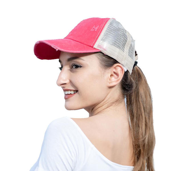 Cap Smutsig bullhatt til kvinder vasket bomuld Snapback-kasketter Criss Cross hestehalehat W Rose Red