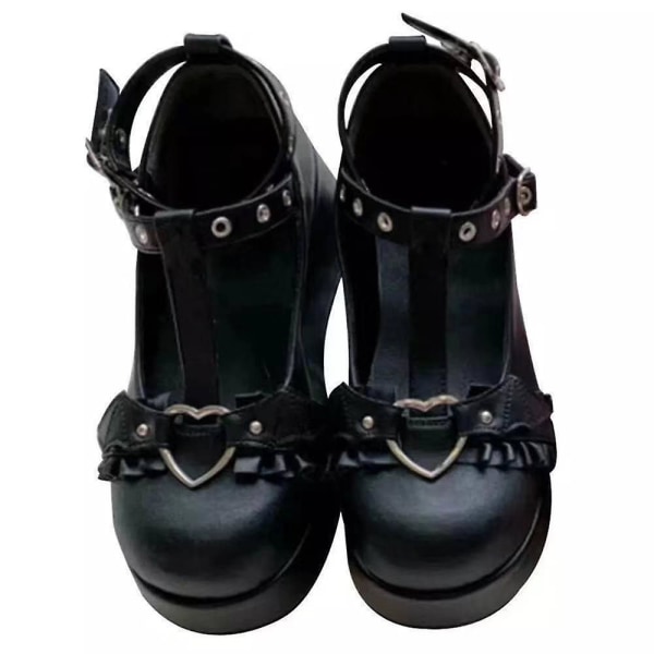 Søte Hjerte Spenne Kiler Mary Janes Kvinner Rosa T-rem Chunky Plattform Lolita Sko Kvinne Punk Gothic Cosplay Sko 43 BLACK-35 42