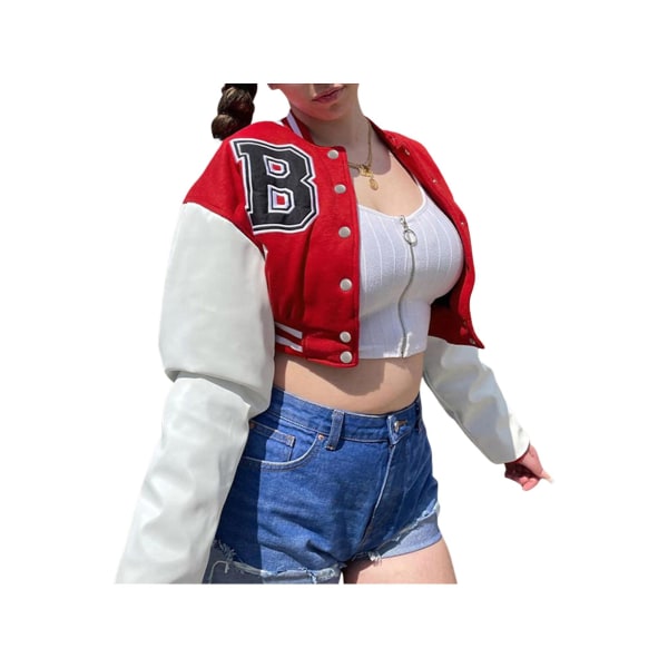 Kvinner Varsity Jakke Cropped Baseball Jakke Bomberjakker Mote Streetwear W Red S