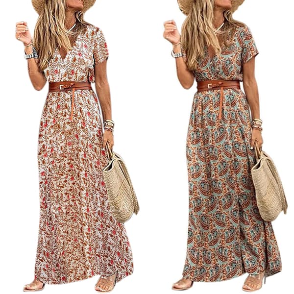 Damemote Casual øsbelte Boho V-ringet blomstrete Maxikjole brown L