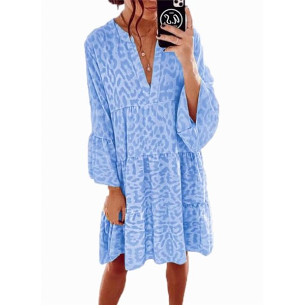 Kvinnor sommar temperament lös print stor klänning med V-ringad bule 2XL