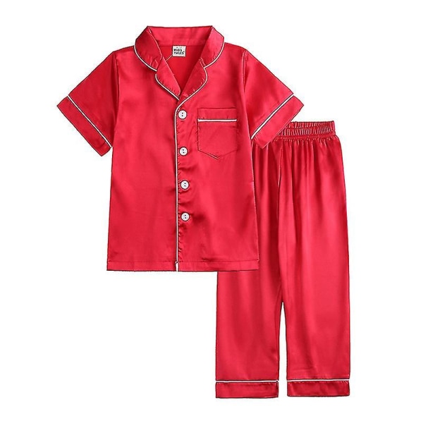 Satin Pyjamas Set för barn: Sovkläder med knappar och shorts Red Suit for height 90 to 100cm