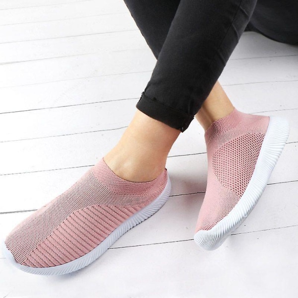 Dame Walking Sneakers Strikkede Mesh Slip On Sko Åndbar Flade Pumper Casual Trænere W Pink 40