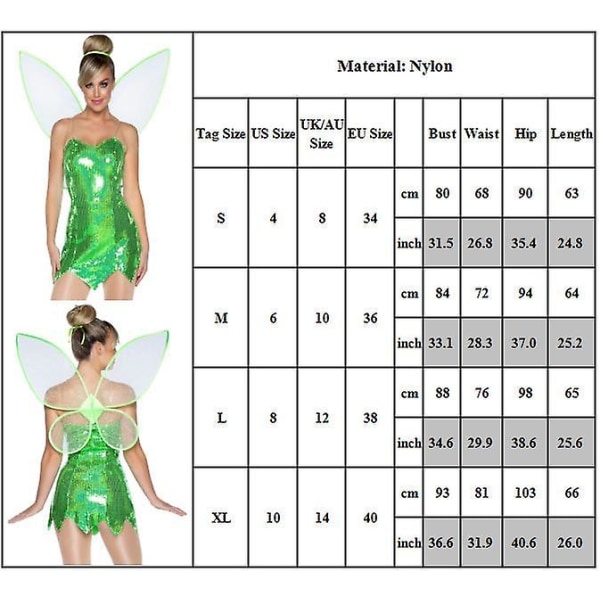 Kvinnor Fairy Costume Tinker Bell Cosplay Festdräkt Jul Halloween Kostym Dress Up Presenter S