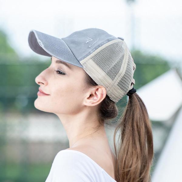 Cap Smutsig bullhatt til kvinder vasket bomuld Snapback-kasketter Criss Cross hestehalehat W Grey