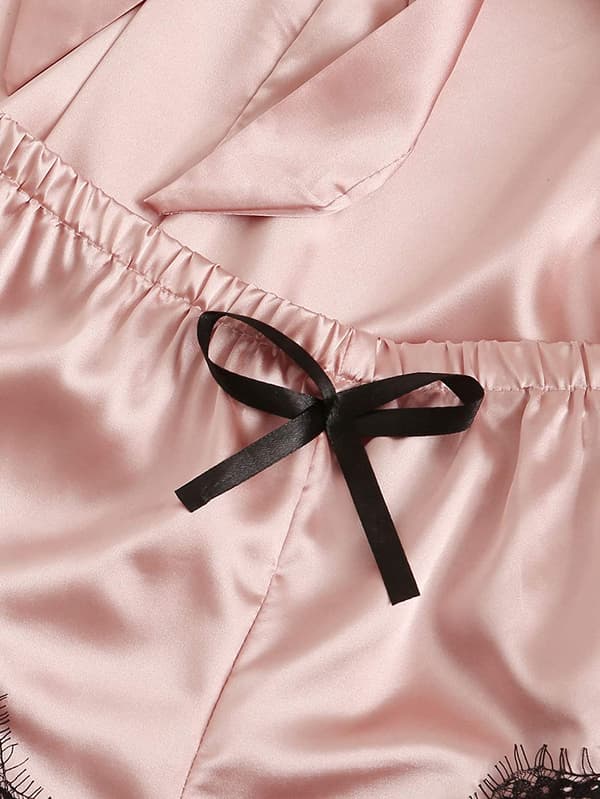 Damer 4 dele Satin Blomster Blonde Cami Top Underkläder Pyjamas Sæt med Robe W