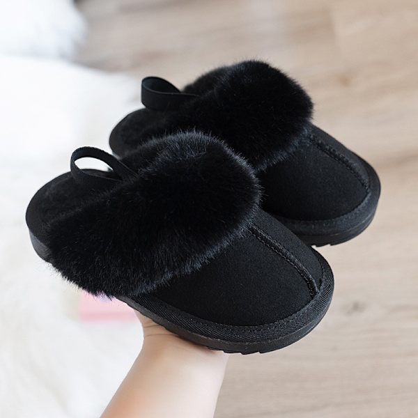 Unisex barnep tøfler plysj foret hus tøfler koselig faux pels tøfler W Svart 35