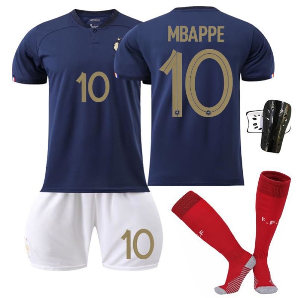 VM 2022 Frankrike fotbollströja för barn nr 10 MBAPPE Med knäskydd size 130-140cm