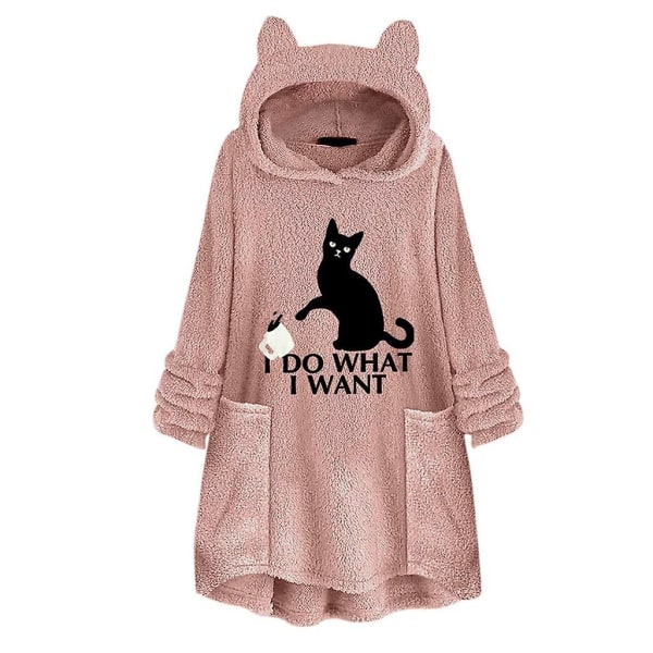 Huvtröja i fleece för kvinnor Vinter Varm Casual Sweatshirt Cat Ears Design Lös tröja W Pink 2XL