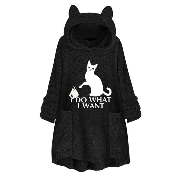 Fleece hættetrøje til kvinder Vinter Varm Casual Sweatshirt Cat Ears Design Løs trøje W Black M