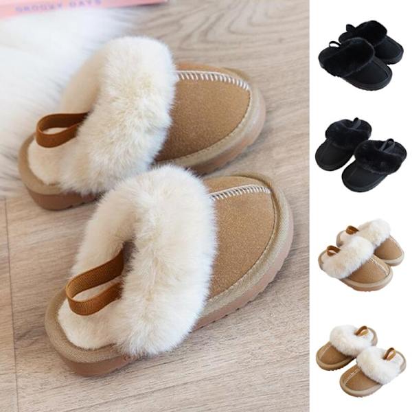 Unisex barnep tøfler plysj foret hus tøfler koselig faux pels tøfler W Svart 35