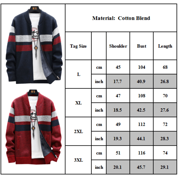 Herre sweater frakke stribet strik cardigan Casual jumper overtøj Red 3XL