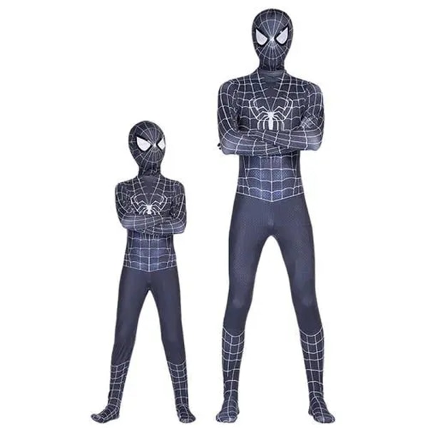 Barn svart Spiderman kostym Halloween Jumpsuit Cosplay Mask Set 130cm