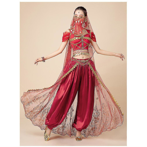 Princess Jasmine Cosplay til kvinder - Indisk mavedans arabisk prinsesse julekarneval sæt - Red 7pcs M
