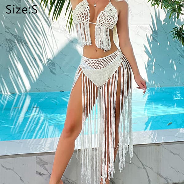 2 st Beach Outfits för kvinnor Hollow Top och High plit kirt / white S