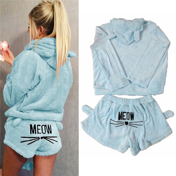 Kvinner fleece fluffy pyjamas nattøy sett Blue M