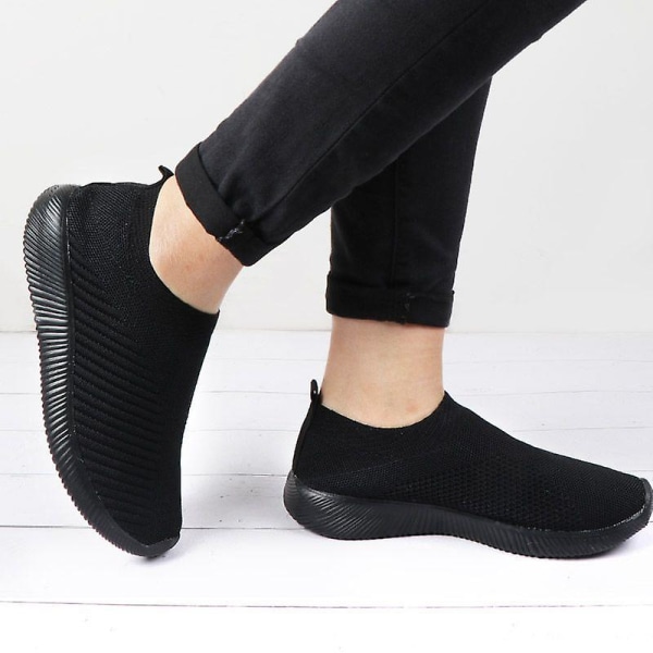 Dame Walking Sneakers Strikkede Mesh Slip On Sko Åndbar Flade Pumper Casual Trænere W Black 37