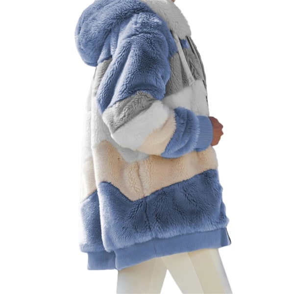 Dam Vinter Plysch Hooded Coat ångärmad Zip Up Tjock Cardigan Varm ös Jacka W Blue L