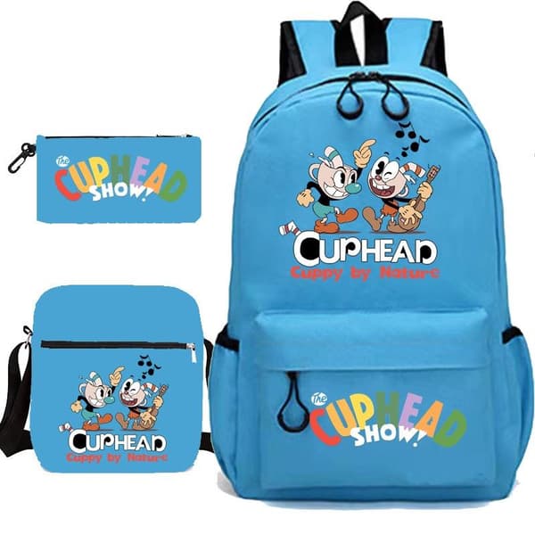 Cuphead ryggsäck pennskrin axelväska pack (3st) yz ljusblå 3