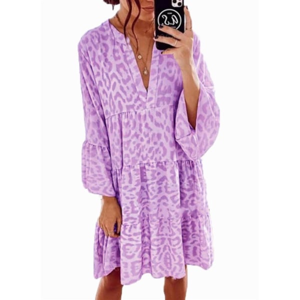 Dame sommer temperament løst print stor kjole med V-hals purple M