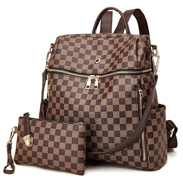 Rutig ryggsäck PU-läder Bärbar dator Ryggsäck Daypack H Coffee 12.21*11.43 inch