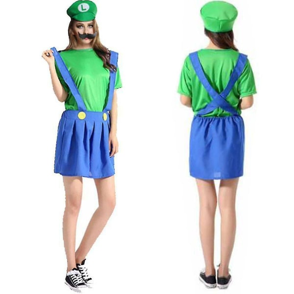 Super Mario Bros Unisex Voksen & Barn Cosplay Fancy Dress Outfit Kostume Women Luigi M