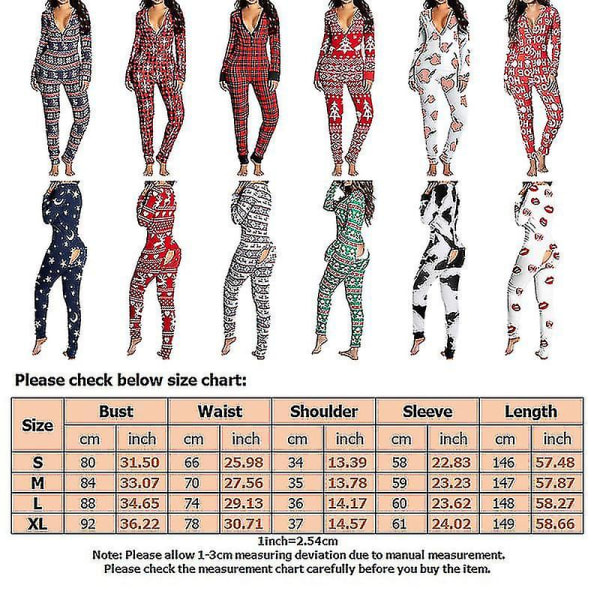 Kvinnor Animal Pyjamas One Piece Christmas Bodysuit Jumpsuit ångärmad nattkläder W Stitching Plaid L