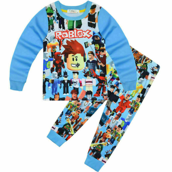 Roblox T-skjorte Topper Bukser Antrekk Nattøy Pyjamassett Barn Gave k Light blue 120cm
