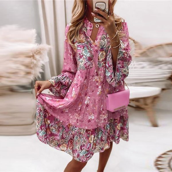 Dame Summer Long Sleeve Dresses Blomsterprint Beach Mini Dress Pink L