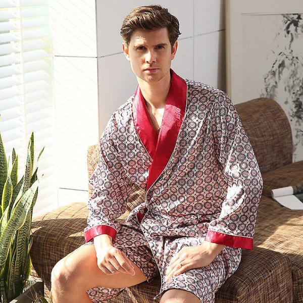 Miesten satiini silkki luksuspyjamat kimono aamutakki aamutakki Pjs loungewear Red XL