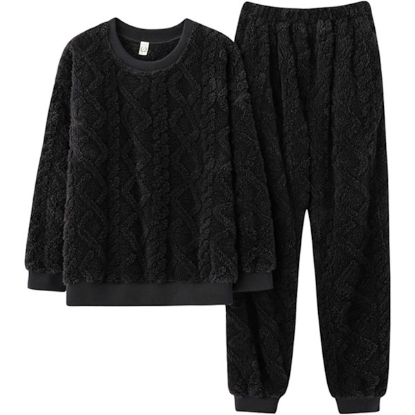 HAUFR Dame Fluffy Fleece Pyjamas Sæt 2 dele Varm Fleece Pyjamas Sæt Bløde Nattøj Langærmede Crewneck Lommer Bukser Y Black 01 Medium