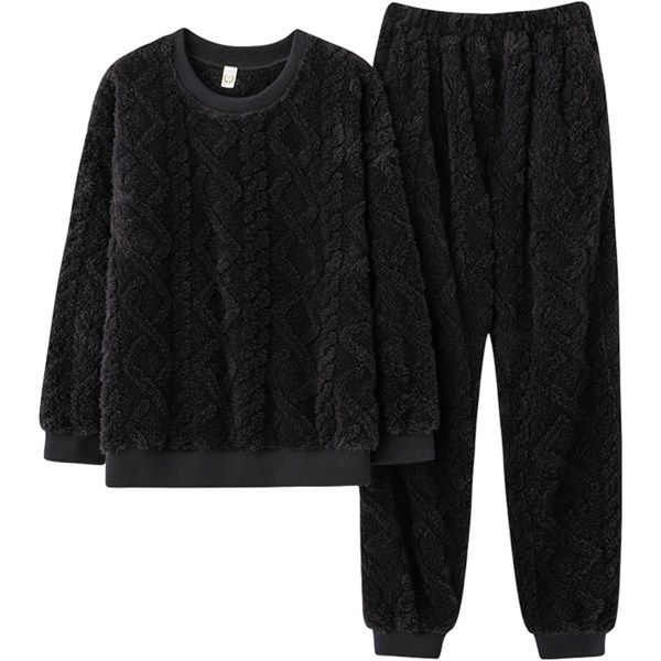 HAUFR Dame Fluffy Fleece Pyjamas Set 2 deler Varm Fleece Pyjamas Set Myke nattklær Langærmede Crewneck lommer Bukser Y Black 01 Small