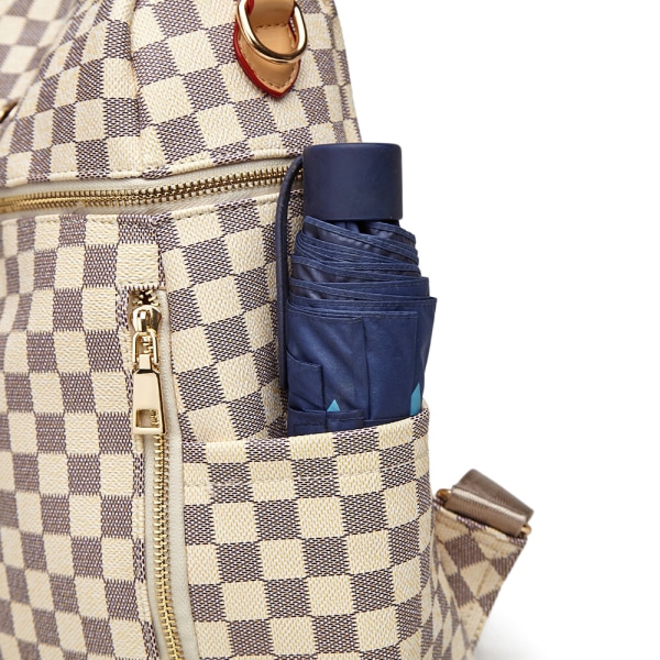 Plaid rygsæk PU læder bærbar rygsæk Daypack H White 12.21*11.43 inch