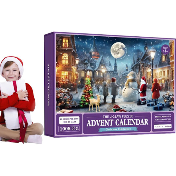 Julekalenderpuslespil, adventskalender 2023 puslespil, 24 dele 1008 puslespilsbrikker julegave nedtælling
