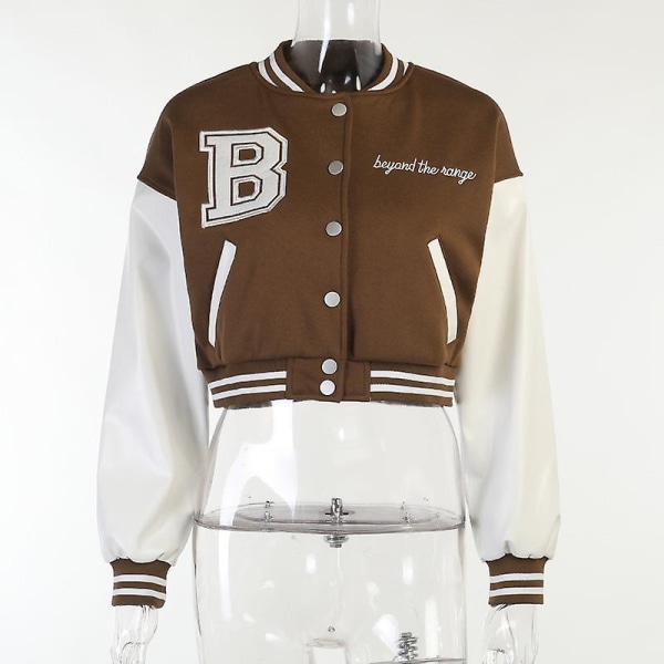 Kvinner Varsity Jakke Cropped Baseball Jakke Bomberjakker Mote Streetwear W Brown S