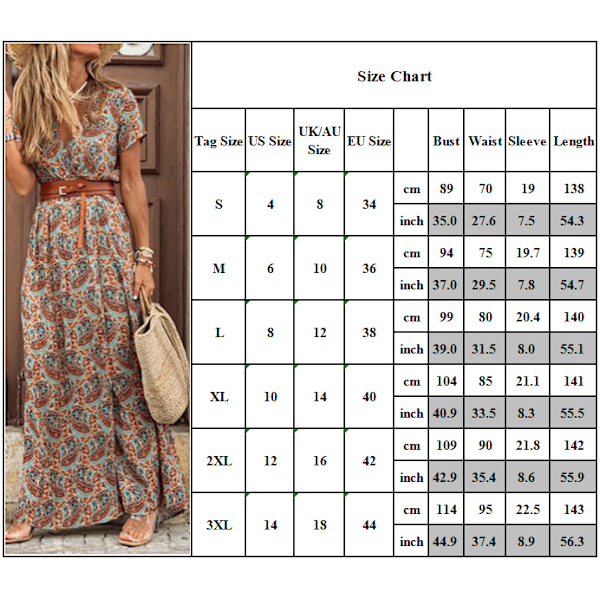 Dammode Casual ösbälte Boho V-ringad blommig Maxiklänning red L